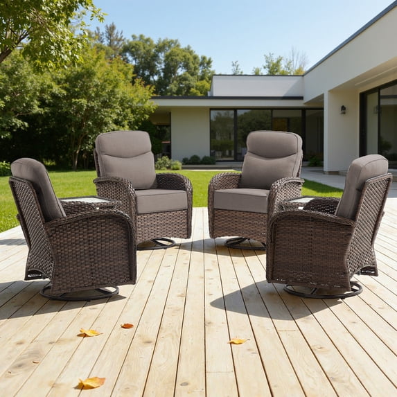 Jentlehouse Patio Swivel Gliding Chair with Side Table,High Back Outdoor Wicker Swivel Chair with 6'' Thick Cushions for Balcony Deck Porch,Set of 4