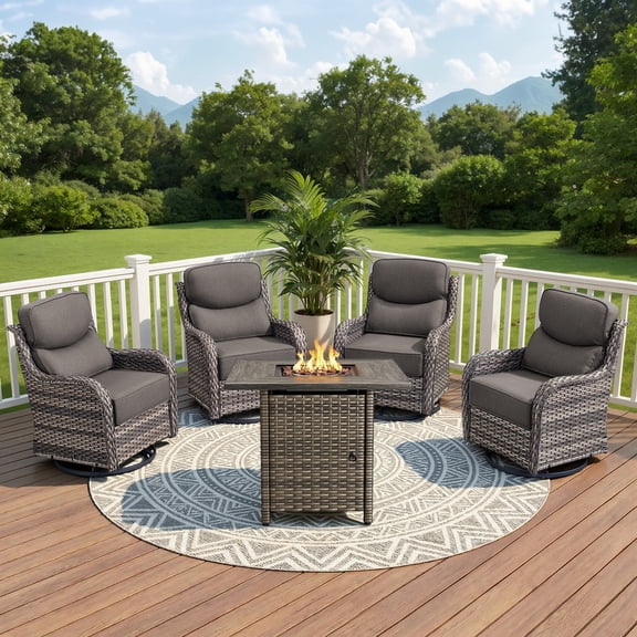 Jentlehouse Patio Wicker Furniture Set with 30'' Square Fire Pit,Swivel Gliding Chair Set with 6'' Thick Cushion,Outdoor Conversation for Deck Yard Pool