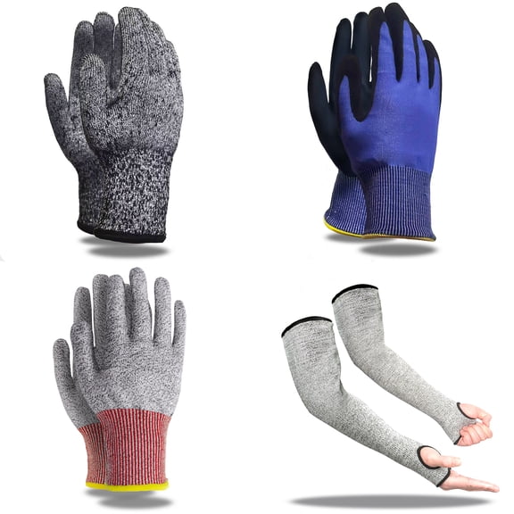 Jeoa Cut Proof Gloves to Protecting Hands Work GlovesVariety Set(Speckled HPPE Gloves&Nitrile Coated Grip Gloves&Reinforced Cuff Cut Gloves&Cut Resistant Arm Sleeves)