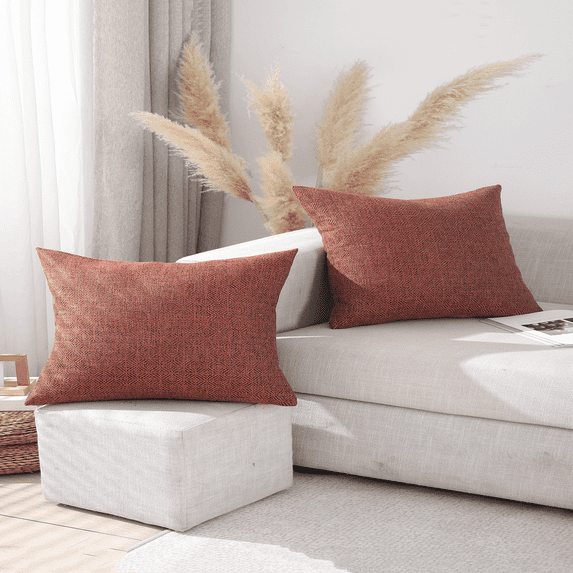Jepeak Burlap Linen Rhombus Textured Throw Pillow Covers Pack of 2 Decorative Rectangle Cushion Cases for Sofa Couch Bed, Rust Orange 16x24 inch