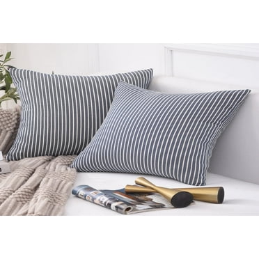 Jepeak Cotton Throw Pillow Covers Cases, Pack of 2 Decorative Rectangle Comfortable Soft Striped Cushion Covers for Sofa Couch Badroom, Denim Blue 16 x 24 Inches
