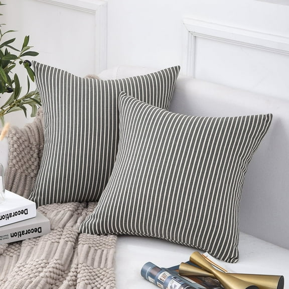 Jepeak Cotton Striped Throw Pillow Covers Cases, Pack of 2 Decorative Square Comfortable Soft Cushion Covers for Sofa Couch Badroom, Black Grey 24 x 24 Inches