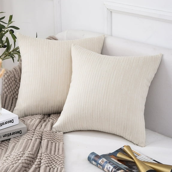 Jepeak Cotton Throw Pillow Covers Cases, Pack of 2 Decorative Square Comfortable Soft Striped Cushion Covers for Sofa Couch Badroom, Cream Cheese 18 x 18 Inches