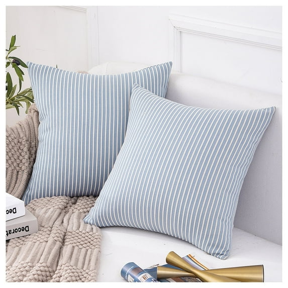 Jepeak Cotton Striped Throw Pillow Covers Cases, Pack of 2 Decorative Square Comfortable Soft Cushion Covers for Sofa Couch Badroom, Sky Blue 24 x 24 Inches