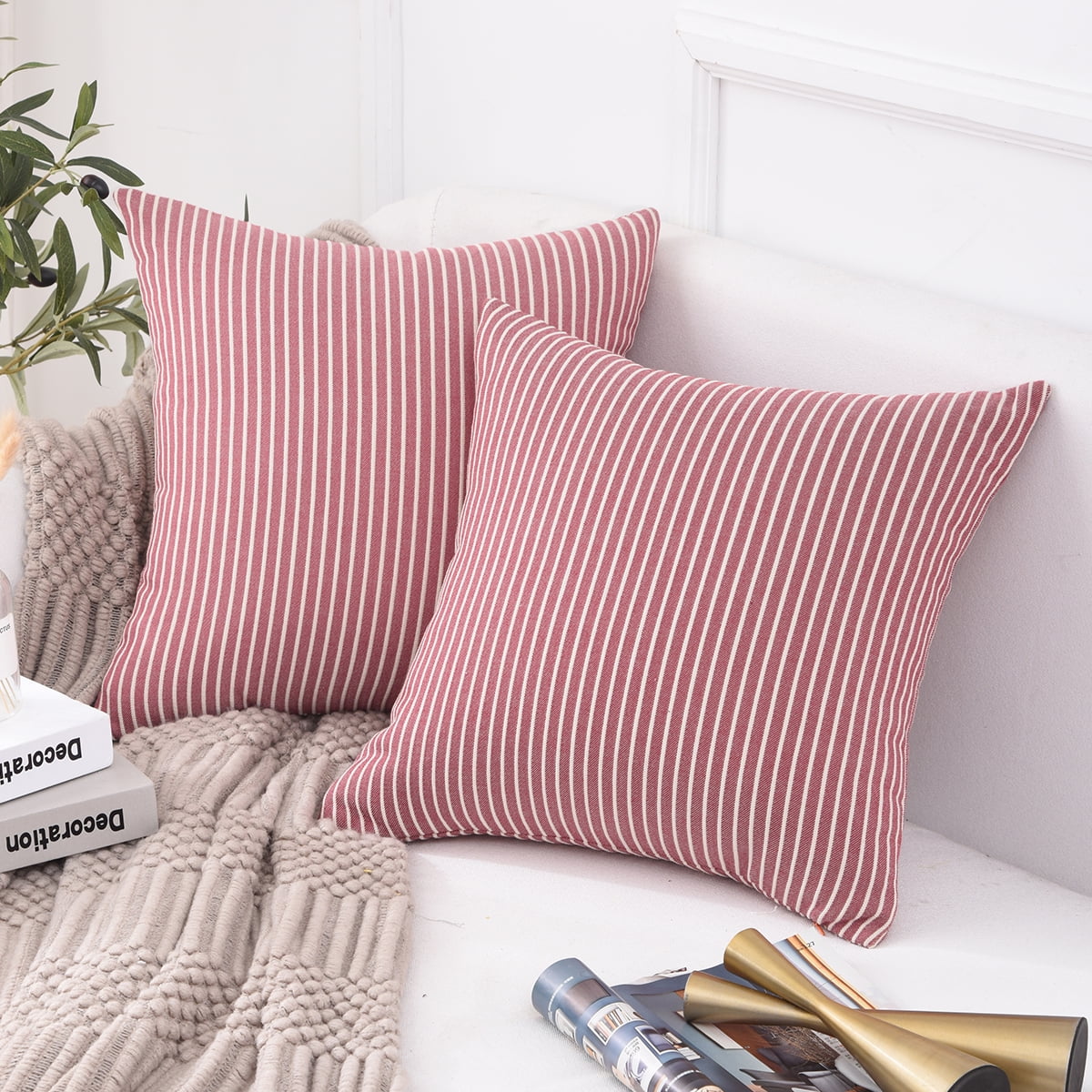 Jepeak Cotton Striped Throw Pillow Covers Cases, Pack of 2 Decorative