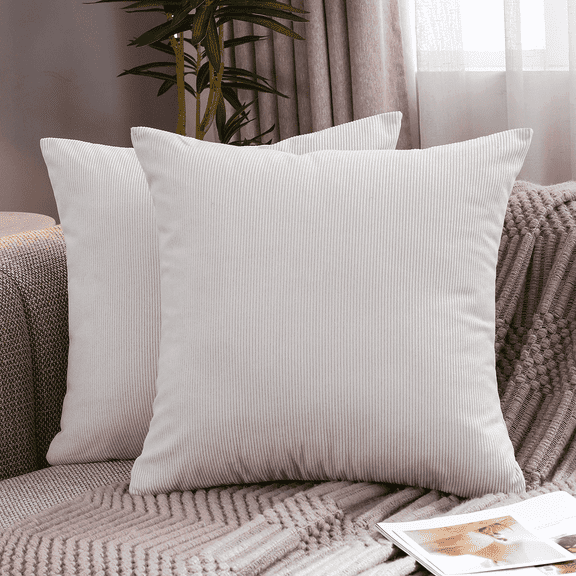 Jepeak Pack of 2 Corduroy Throw Pillow Covers Soft Solid Striped Cushion Cases, Square Home Decorative Pillow Cover for Couch Sofa Bed, Light Grey 18x18 inch
