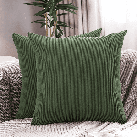 Jepeak Pack of 2 Corduroy Throw Pillow Covers Soft Solid Striped Cushion Cases, Square Home Decorative Pillow Cover for Couch Sofa Bed, Olive Green 18x18 inch