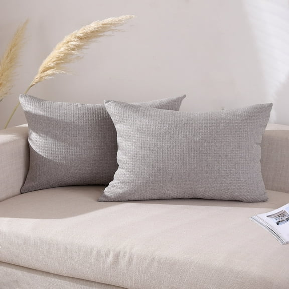 Jepeak Pack of 2 Woven Textured Throw Pillow Covers Rectangle Cushion Cases Solid Linen Decorative Pillow Cover for Sofa Bed Couch (16x24 inch, Light Grey)