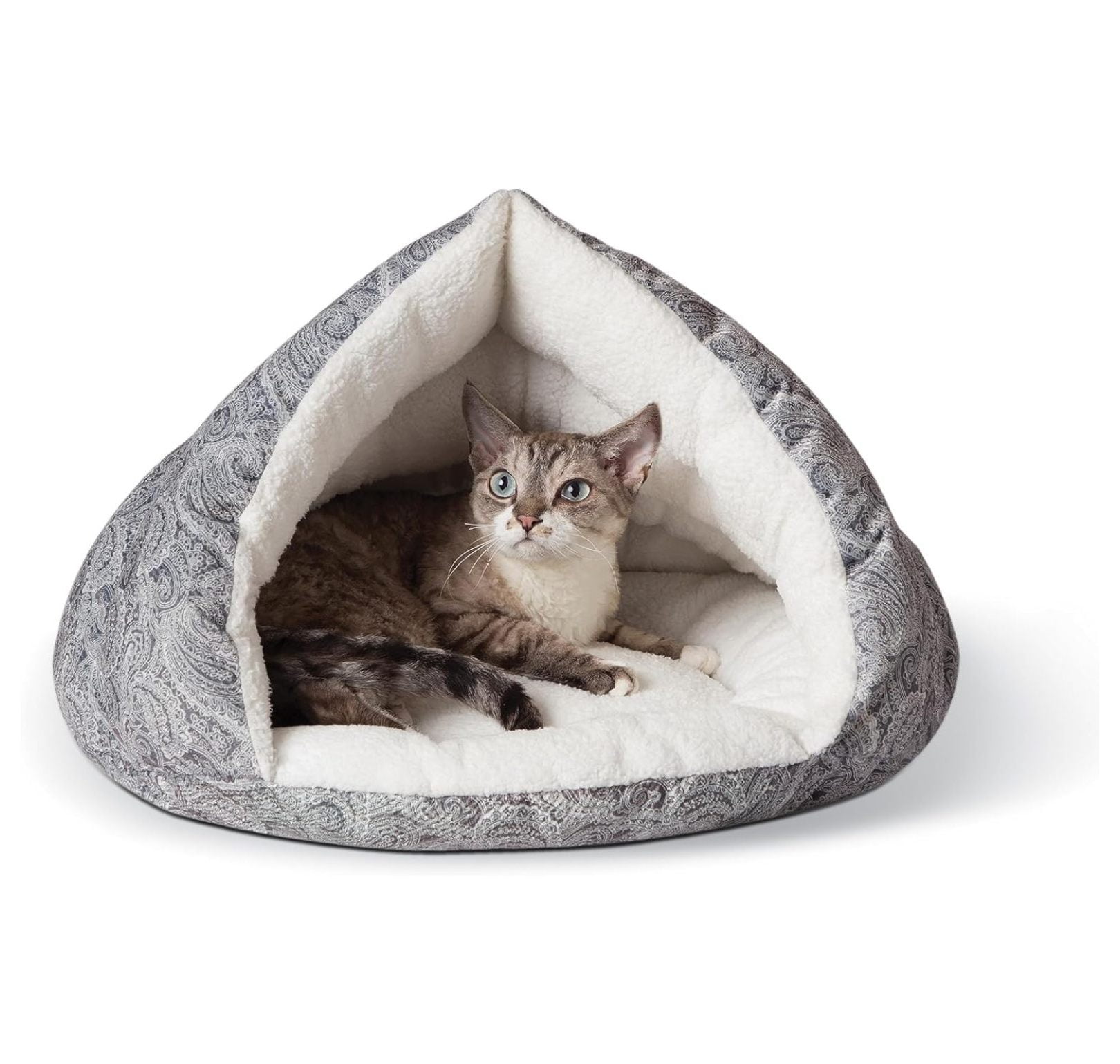 Gray Paisley Self-Warming Hut Cat Bed with Fiberfill