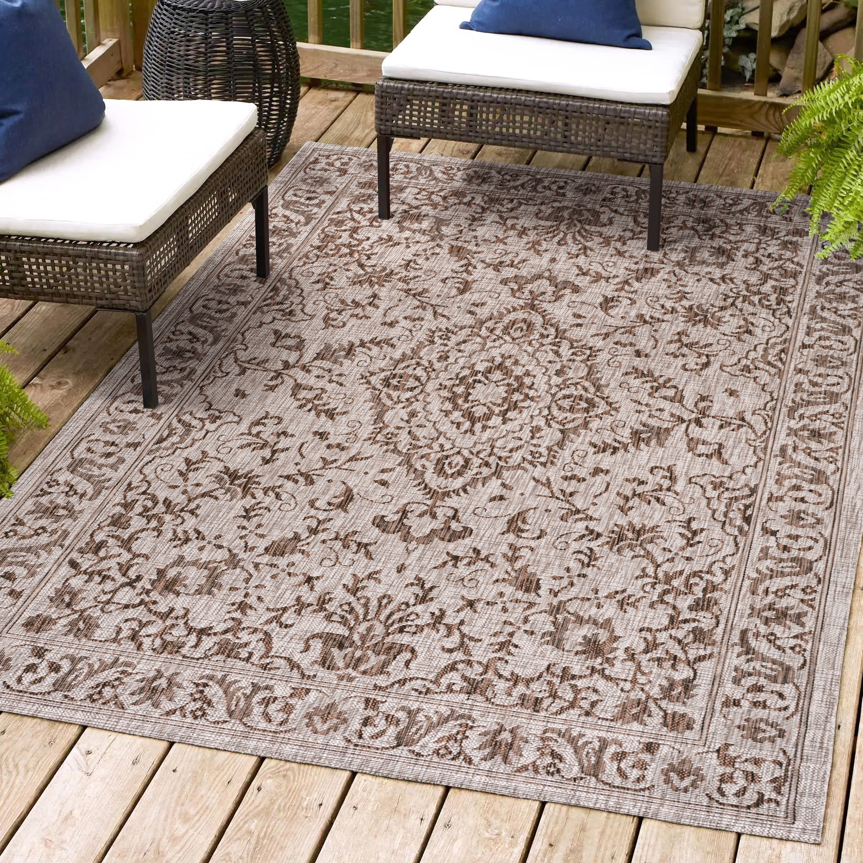 Ivory and Brown Medallion 8' x 10' Synthetic Rug
