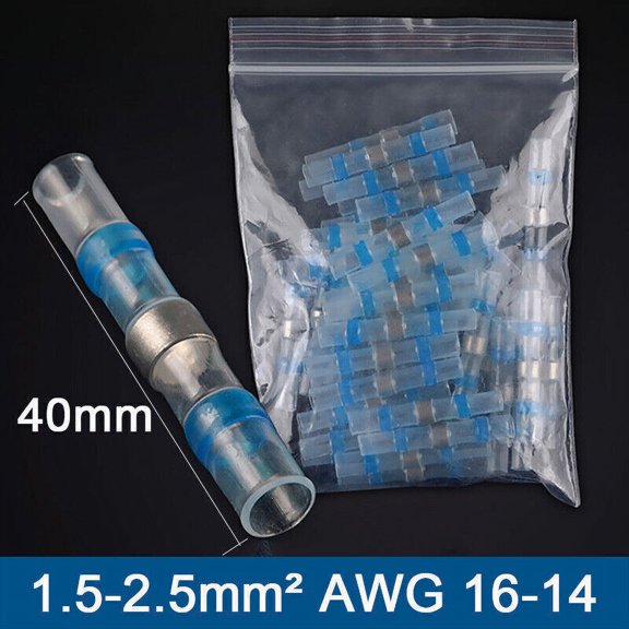 Jerbor 100pcs Heat Shrink Wire Connectors 14-16 Gauge Blue Solder Seal Electric Butt Terminals For Marine,Aircraft,Boat,Truck,Stereo,Joint