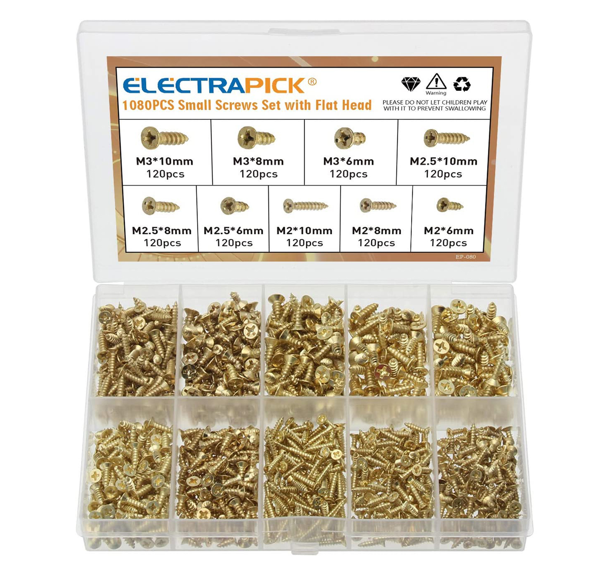 Jerbor 1080PCS Small Wood screws Assortment Kit, M2 M2.5 M3 Flat Head
