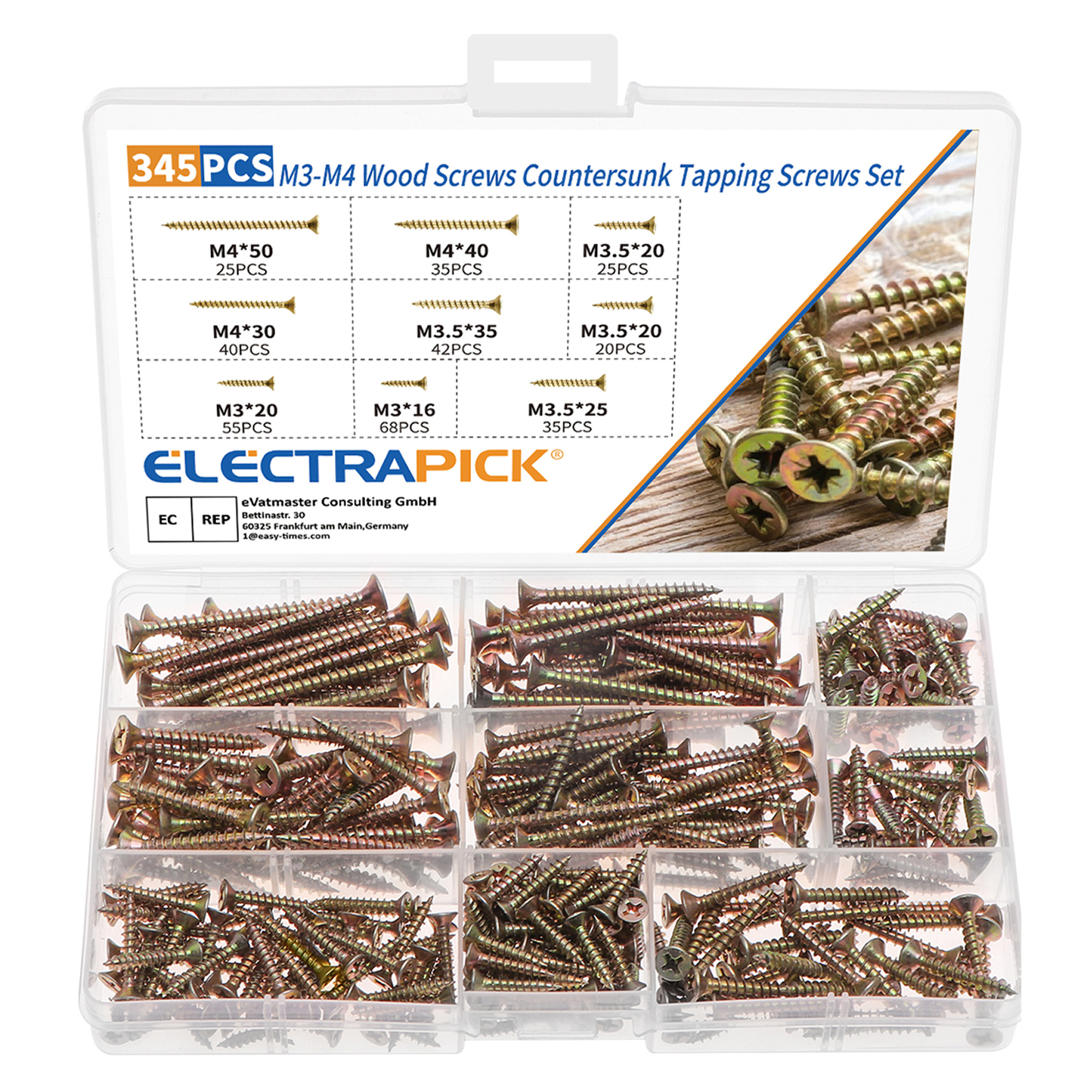 Jerbor 345PCS Wood Screws Assortment Kit, M3 M3.5 M4 Wood Screws