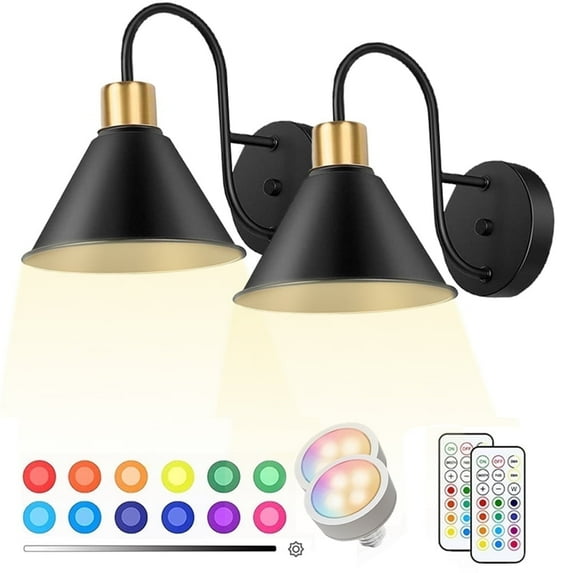 Jercoda 2 pack LED Battery Operated Wireless Wall Sconces with Remote Control, Arm Wall Lights, Industrial Black Metal Lampshade Rechargeable Wall Lamps for Bedroom, Living Room, Kitchen, Set of 2