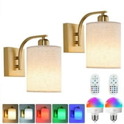 Jercoda 2 Pack LED Battery Operated Wall Sconces with Remote Control, Linen Lamp with 15 Lighting Colors, Wireless Golden Lampshade Wall Light with 3 Modes for Bedroom, Living Room, Kitchen, Hallway