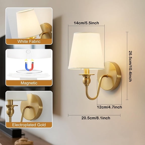 Jercoda 2 Pack Wireless LED Wall Sconces with Remote Control, Battery Operated Auto-Timer Lamps with 12 RGB Lighting, Golden Lampshade Wall Light with 3 Modes for Bedroom Living Room Kitchen Hallway
