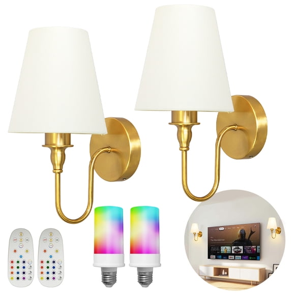Jercoda 2 Pack Wireless LED Wall Sconces with Remote Control, Battery Operated Auto-Timer Lamps with 12 RGB Lighting, Golden Lampshade Wall Light with 3 Modes for Bedroom Living Room Kitchen Hallway