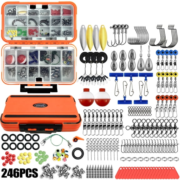 Jercoda 246pcs Fishing Lures Kit with Tackle Box, Multiple Fishing Accessories Kit, Fish Casting Tool Set, Orange