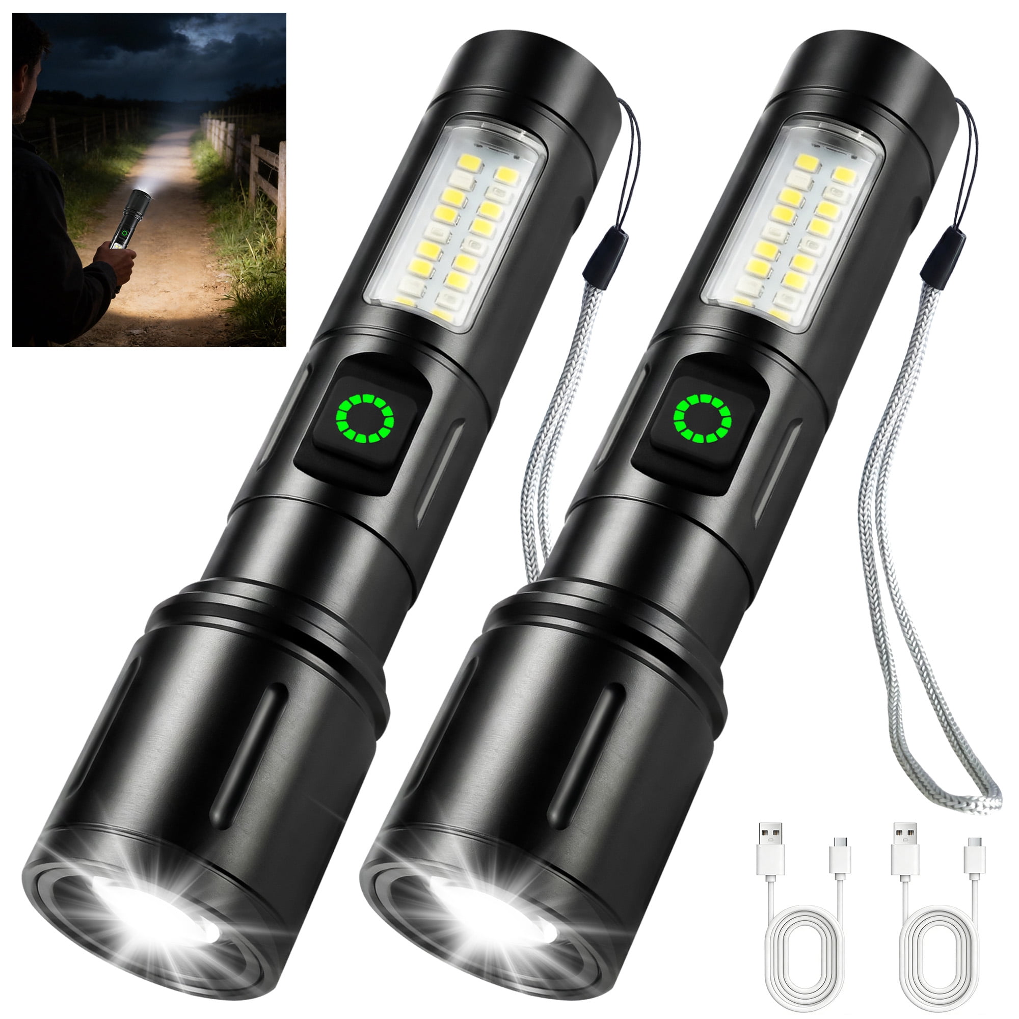Jercoda 2pcs Flashlights with Side Light, Rechargeable Flashlight with ...