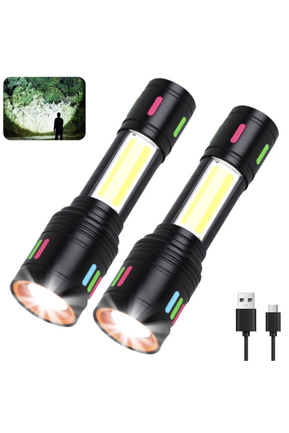 2pcs Flashlights with Side Light, Rechargeable Flashlight with 4 Modes, Zoom  Flashlights with Storage Box, Set of 2