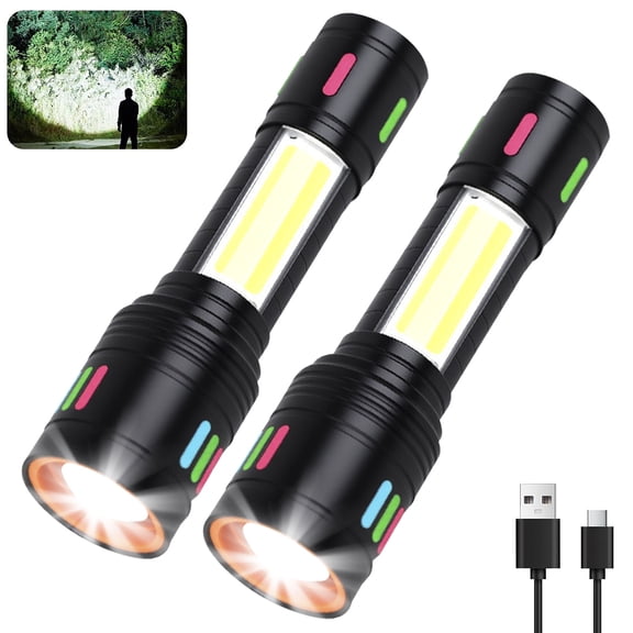 Jercoda 2pcs Flashlights with Side Light, Rechargeable Flashlight with 4 Modes, Zoom Flashlights with Storage Box, Set of 2