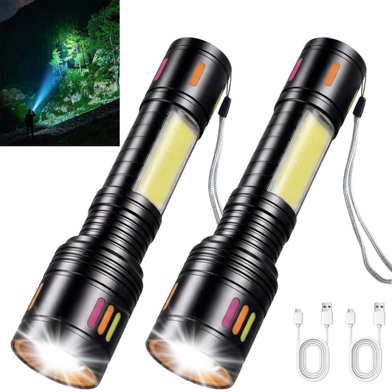 Jercoda 2pcs Flashlights with Side Light, Rechargeable Flashlight with 4 Modes, Zoom Flashlights with Storage Box, Set of 2