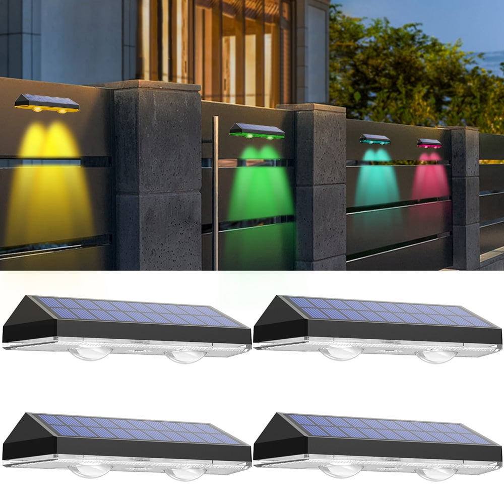 Jercoda 4pcs Solar Deck Step Light, Solar Fence Light with 3 Adjustable Lighting Colors (Warm & RGB), Solar Wall Decorative Lights for Outside Wall Garden Patio Deck Yard Path Porch