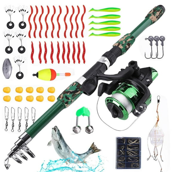 Jercoda 55 pcs Fishing Rod and Reel Set with Tackles for Beginners, 71 in Extensible Fishing Rod Combo Set for Beginners, Green