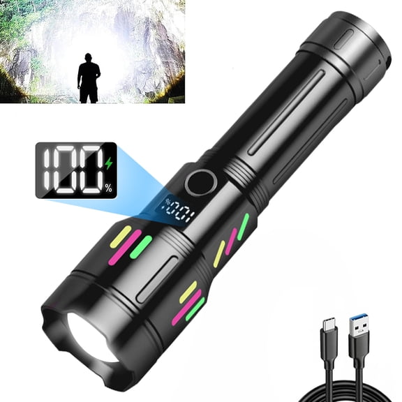Jercoda LED Flashlight with Digital Display, Rechargeable Battery Zoom Flashlight with 6 Modes for Outdoor Activities Climbing Hiking Emergency Situation