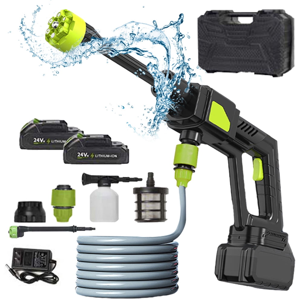 Jercoda Wireless High Pressure Car Wash, 30 Bar Washer with 6 IN 1 Nozzle and 5M Water Pipe, Portable Washer Machine with 3000mAh Battery, Green