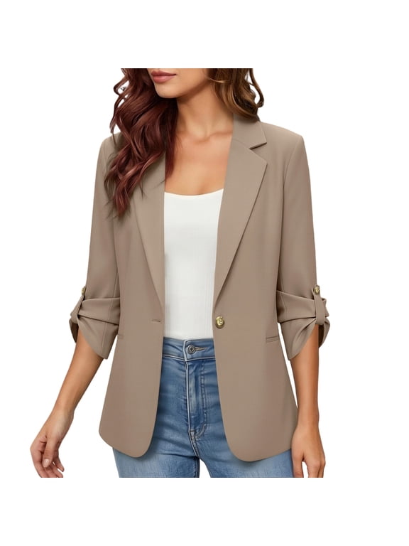 2026 Summer Womens Linen Blazer Jacket Lightweight Breathable 3/4 Stretchy Ruched Sleeve Casual Work with Pocket L