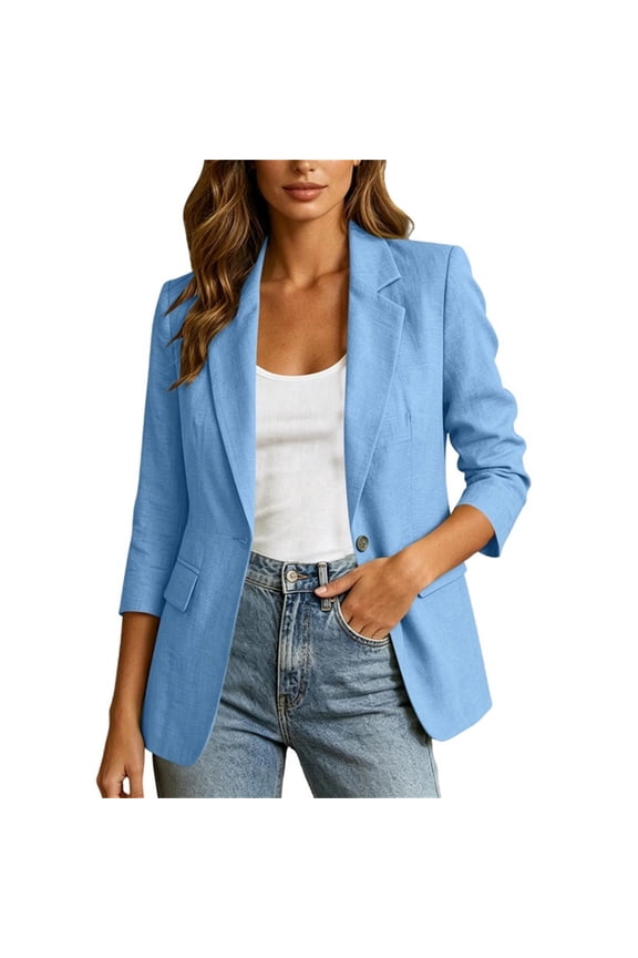 2026 Women's Summer 3/4 Sleeve Linen Blazer Lightweight Breathable Fully Lined Slim Office Jacket with Pockets L