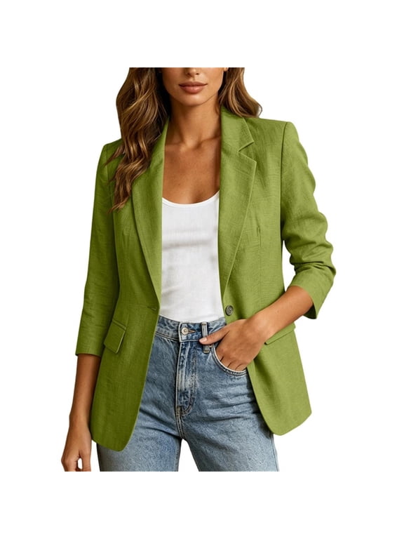 2026 Women's Summer 3/4 Sleeve Linen Blazer Lightweight Breathable Fully Lined Slim Office Jacket with Pockets L