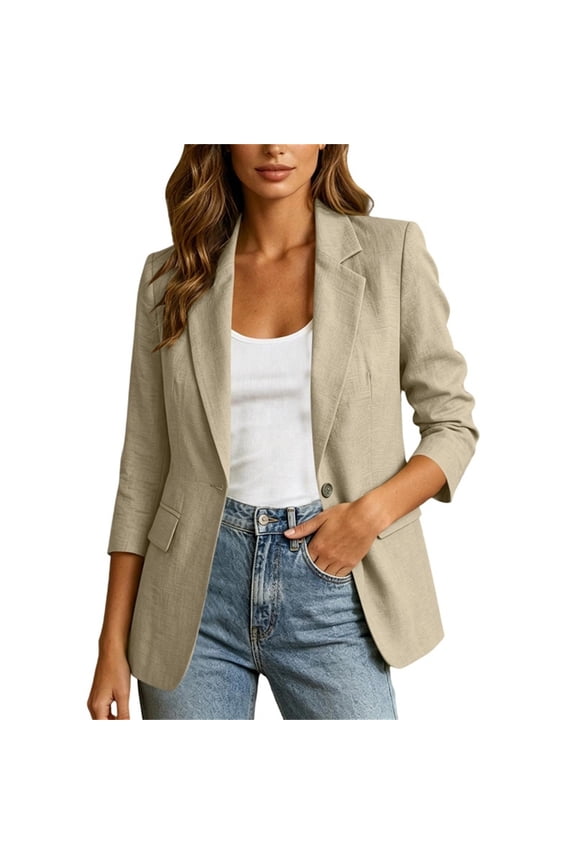 2026 Women's Summer 3/4 Sleeve Linen Blazer Lightweight Breathable Fully Lined Slim Office Jacket with Pockets XL