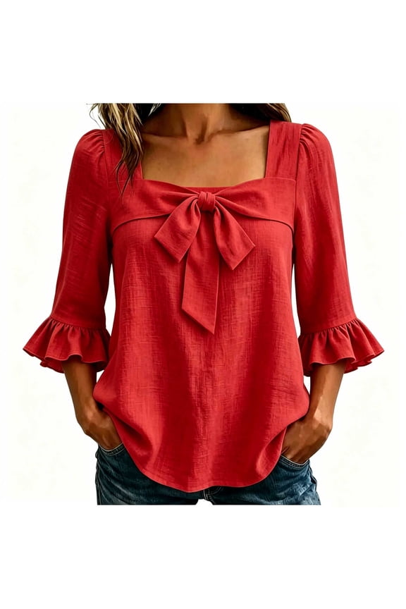 3/4 Length Sleeve Womens Tops Peasant Blouses for Women 3/4 Sleeve Ruffle Collar Boho Lace Dressy Casual Business S