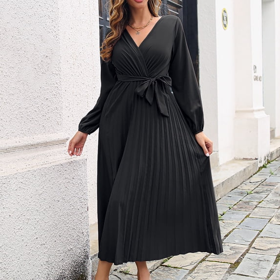 Jerdar Autumn Cross V-neck Pleated Dress for Women, Elegant Wedding Guest Evening Dresses, Women Casual Vintage Maxi Dresses, Beach Party Long Dress Black L