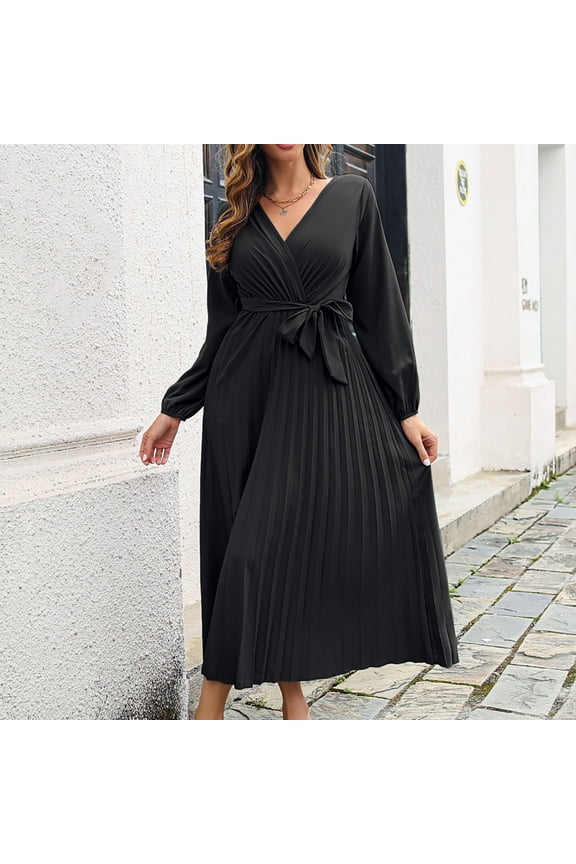 Autumn Cross V-neck Pleated Dress for Women, Elegant Wedding Guest Evening Dresses, Women Casual Vintage Maxi Dresses, Beach Party Long Dress Black S