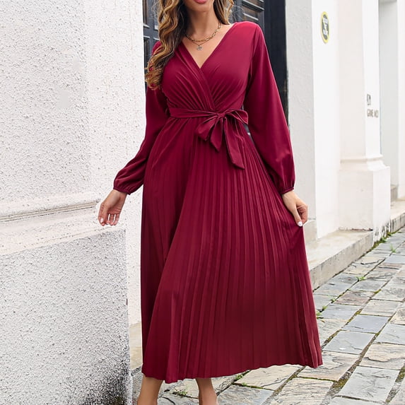 Jerdar Autumn Cross V-neck Pleated Dress for Women, Elegant Wedding Guest Evening Dresses, Women Casual Vintage Maxi Dresses, Beach Party Long Dress Wine M