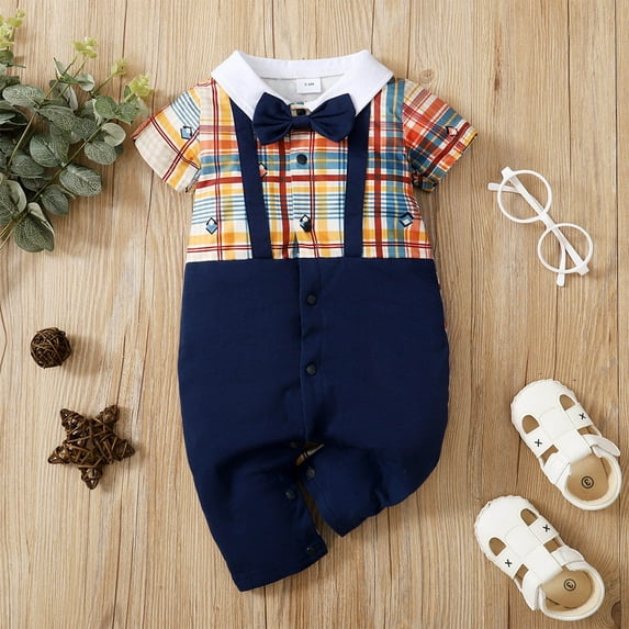 Jerdar Baby Boys Girls Rompers, Infants Pure Cotton Coverall, Lapel Gentleman Bowknot Strap Jumpsuit, Stitching Plaid Short Sleeve Romper Outfits (3-24 Months)