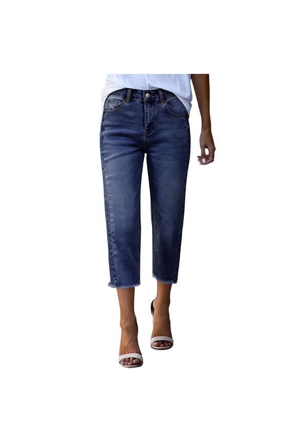 Capri Jeans for Women Trendy Mid Rise Distressed Hem Casual Summer Stretchy Denim Capris Pants Relaxed Fit M
