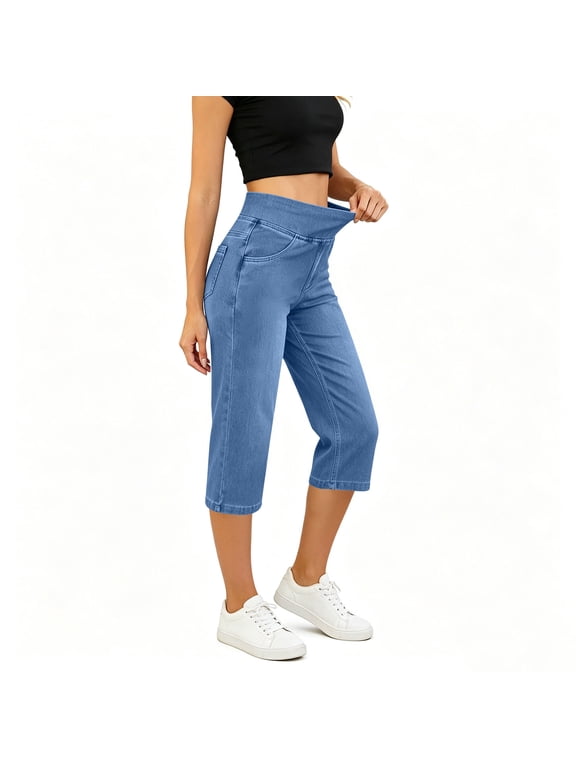 Capris Jeans for Women High Waisted Trendy Pull On Elastic Waist Split Hem Skinny Stretchy Denim Capri Pants XL