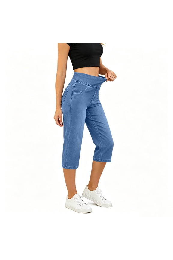 Capris Jeans for Women High Waisted Trendy Pull On Elastic Waist Split Hem Skinny Stretchy Denim Capri Pants XL