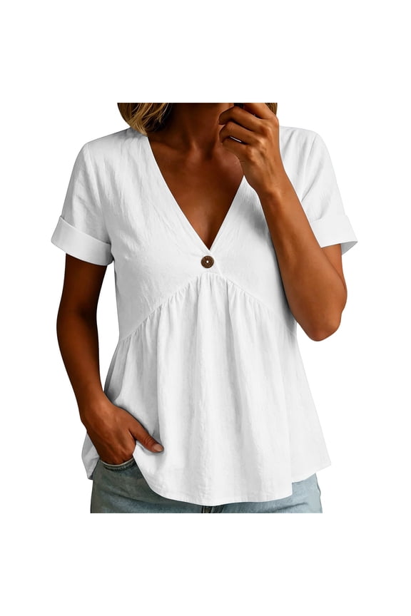 Casual V-Neck T-Shirt Loose Puff Short Sleeve Tops Button Down Ruffle Tunic Blouses for Women XL