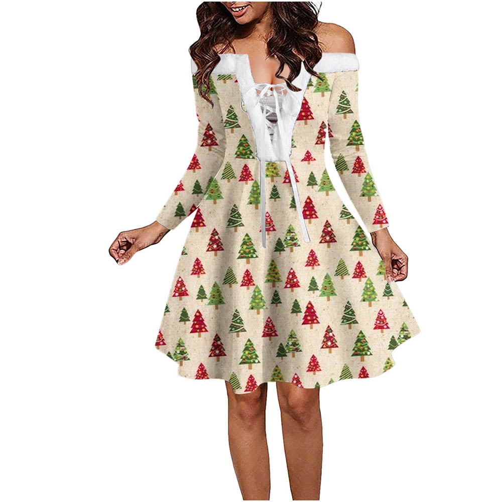 Jerdar Christmas Dresses for Women, Solid Casual Long Sleeve Off 