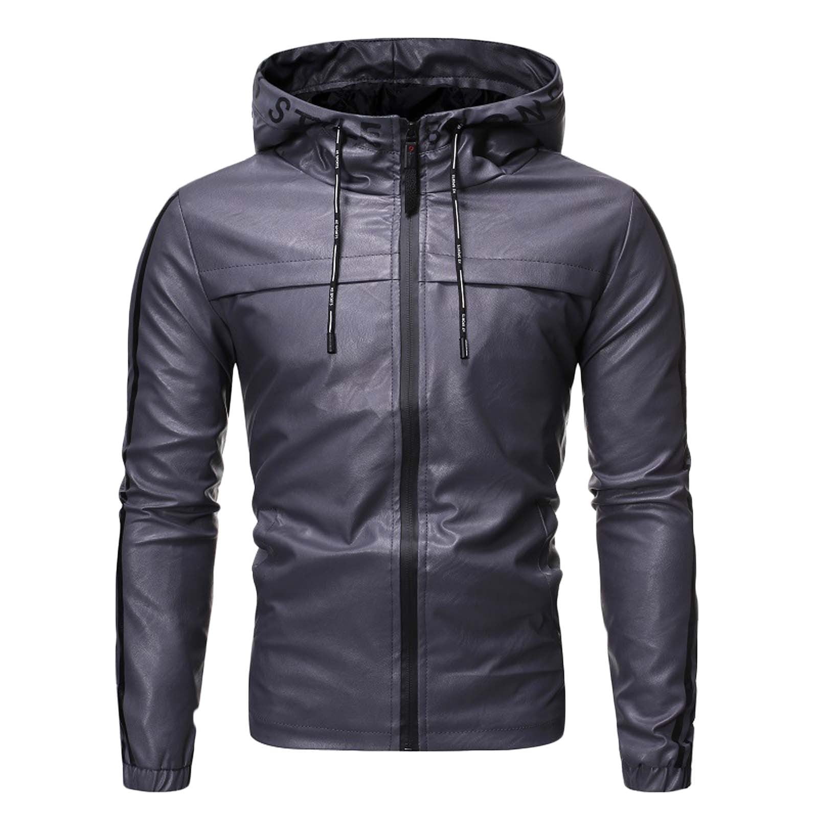 Jerdar Coats Men's Casual Leather Jacket Youth Solid Color Hoodie