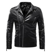 Jerdar Coats Men's Winter Long-sleeved Leather Motorcycle Jacket Zipper Coat Long Sleeve Hoodless Faux Leather Outwear Jackets Gifts Clearance