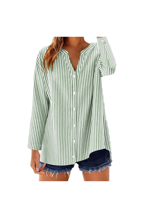 Cotton 3/4 Sleeve Button Down Shirts for Women Gingham Plaid Striped Tops V Neck Casual Loose Blouse XL
