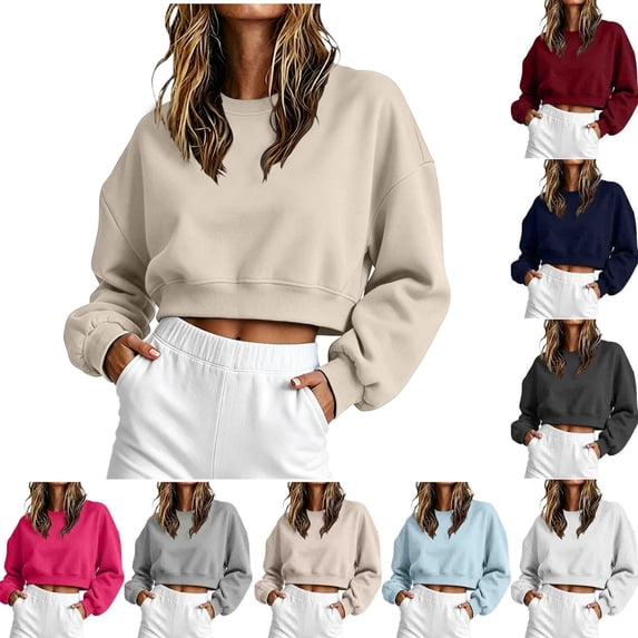Jerdar Cropped Sweatshirt for Women Oversized Crewneck Cotton Long Sleeve Crop Pullover Casual Lightweight Boxy Sweater Fall Winter XL