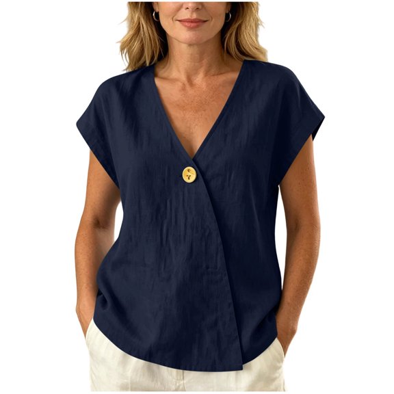 Jerdar Fashion Women Casual Linen Blend Tops V Neck Wrap Front Solid Color Button Cap Sleeve Summer Daily Shirts L