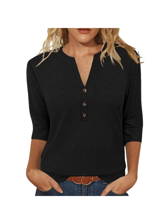 Fashion Women's Summer 3/4 Sleeve V-Neck Blouses Shirts Solid Casual Loose Flowy Lightweight Basic Tops XL